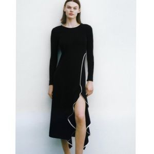 NEW ZARA RUFFLED BLACK MIDI DRESS